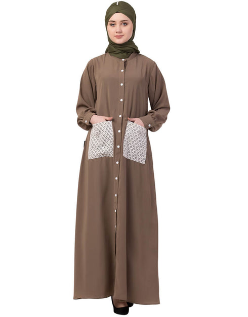 Trendy Front Open white  patch pocket Casual Abaya Brown